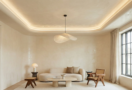 Seamless decorative wall and ceiling finishing in a minimalist living room