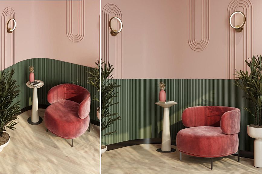 Decorating idea for INTPAN-003 wall panels with green slatted panels PAN-001 and a pink accent wall