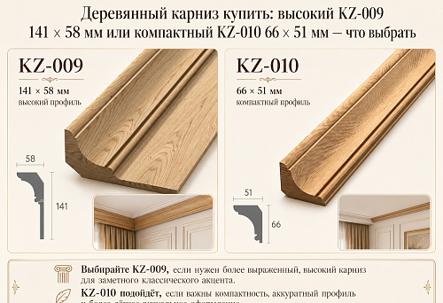 Buy wooden cornice: tall KZ-009 141 &times; 58 mm or compact KZ-010 66 &times; 51 mm &mdash; which to choose
