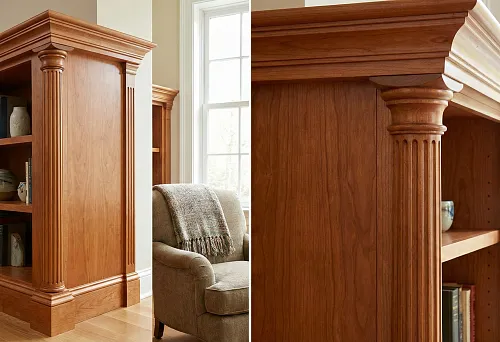 Wooden corner elements: designing the joint of a bookcase with a decorative column and cornice