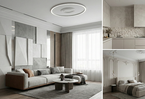 Modern Living Room with Geometric Decorative Panels and a Minimalist Ceiling Cornice