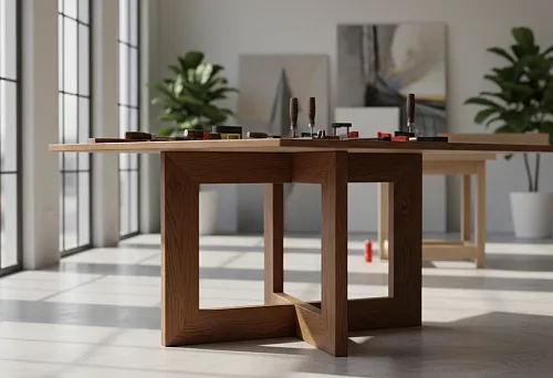 Modern table base for solid oak countertop in geometric design