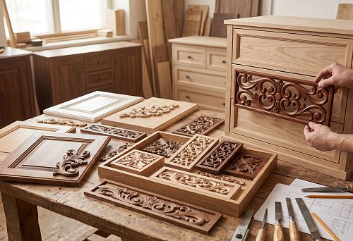 Decorative wooden overlays for furniture on cabinet and dresser facades
