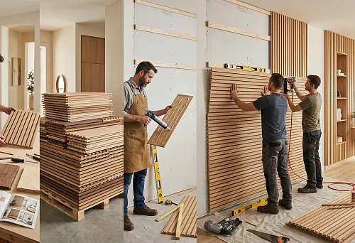 A craftsman selects a modular slatted wall panel for interior wall finishing, comparing wood samples and finishing options