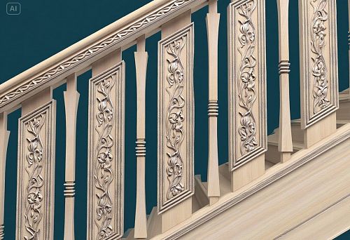 Flat wooden balusters with carved patterns in a modern staircase interior