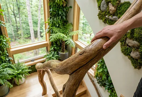 Natural round wooden handrail in a biophilic interior with live plants and moss