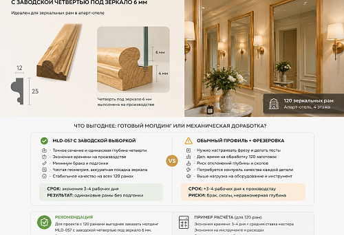 Wooden molding MLD-057 25&times;12 mm with a factory rebate for a 6 mm mirror for series production of frames