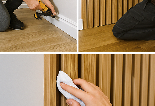 Installation of a white STAVROS baseboard along the wall.