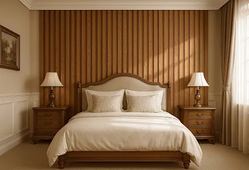 Decorative interior MDF slats behind the bed in the bedroom