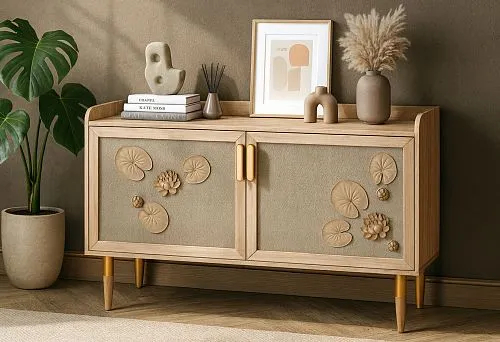 A wooden chest of drawers with decorative carving in the form of leaves and flowers, an example of solid wood furniture in a modern interior