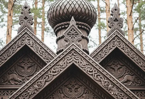 Carved Wooden Gable with Traditional Russian Ornaments