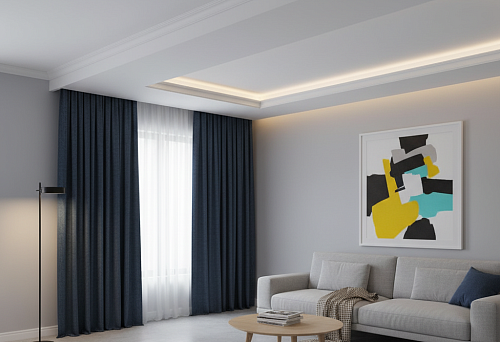 Modern living room with MDF ceiling cornice, emphasizing the transition between wall and ceiling and creating a harmonious interior