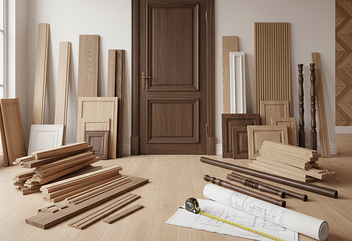 Wooden products for interior renovation: door block, panels, slats, moldings, and decorative elements, laid out on the floor in front of the door.