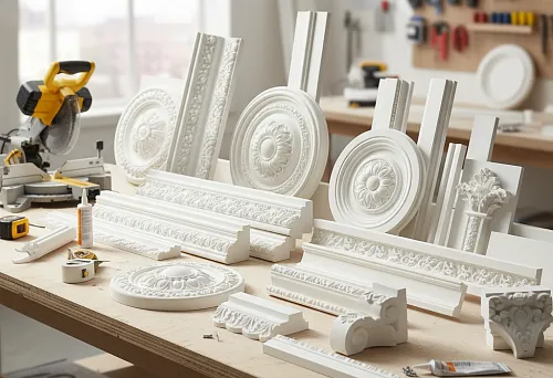 Polyurethane molding &mdash; decorative cornices, moldings, and rosettes on the master's desk, a lightweight and moisture-resistant material