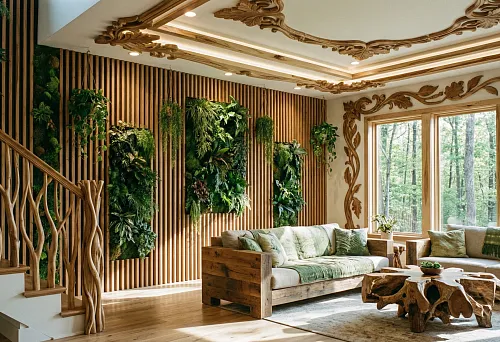 Biophilic Interior 2026 with Wooden Slat Panels, Living Green Walls, and Carved Wood on Ceilings and Windows