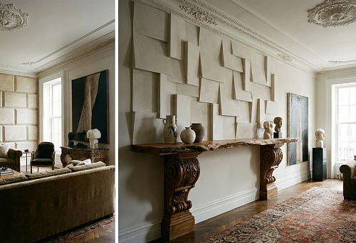 Interior with 3D panels and artistic fireplace design