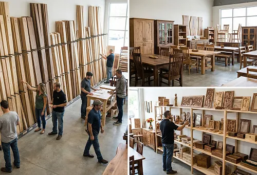 Where to buy wood products: display of boards, moldings and finished furniture in the showroom
