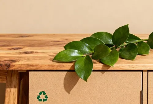 Symbol of recycling on an MDF panel in an eco-interior.