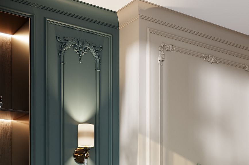 Fragment of wall panels Pavlovsk with a green decorative panel, sconces, moldings, and a light frame above the fireplace