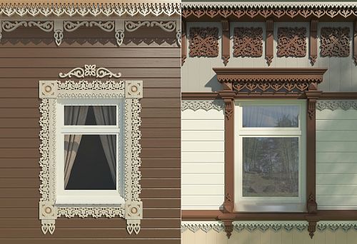 Window with white carved platband in Russian style against brown facade background