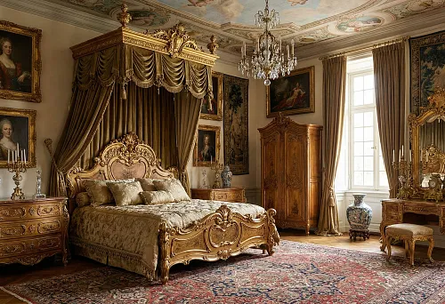Baroque bedroom set in a luxurious bedroom: carved gilded canopy bed, chest of drawers, wardrobe and dressing table with mirror
