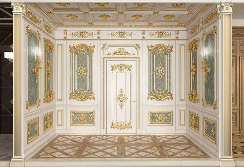 Exclusive interior doors made of natural wood with exquisite carved decoration and gold patina in a grand classical interior