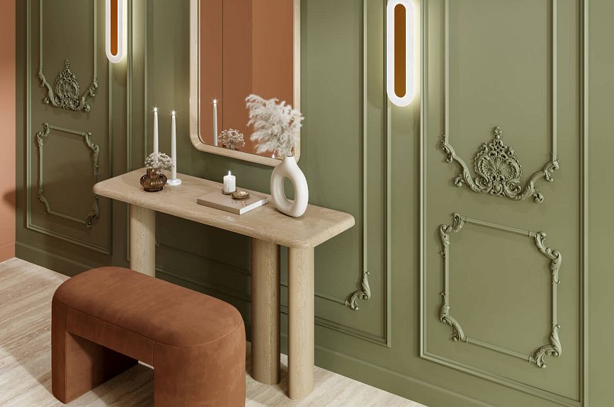 Olive Tsarskoye Selo wall panels with decorative frames, stucco, mirror, and console table