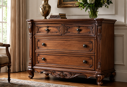 Carved chest in classic style: front, legs and base made of wood