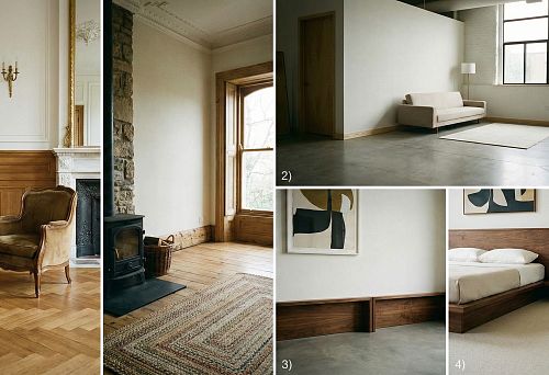 Wooden floor skirting in a classic interior: warm wood tone, paneled wall finish, and a neat line at the floor