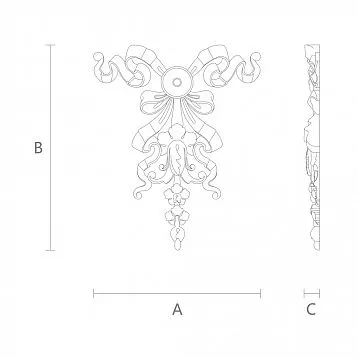 Wooden item N-198 with wood carving composition, featuring a sun, ribbons, petals, and grape leaves.