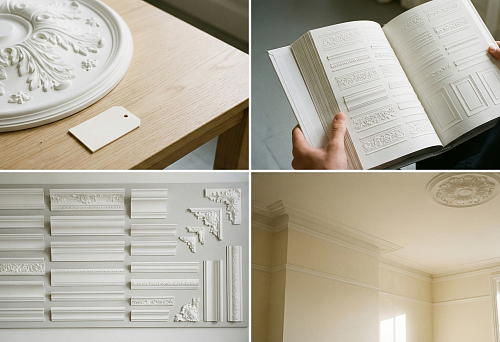 Ceiling rosette made of polyurethane in close-up on a table: molding for painting, photo from the 2026 catalog
