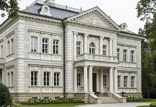 Classic house facade with facade molding, columns, and cornices
