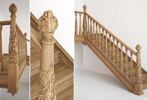 Carved Wooden Staircase with Elegant Balusters and Patterns, Emphasizing the Lightness and Elegance of the Structure.
