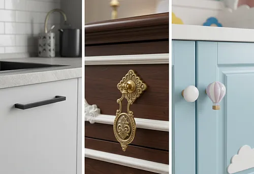 Comparison of furniture handles for the kitchen, bedroom, and children's room &mdash; minimalist, classic, and decorative models for different functional zones of the interior