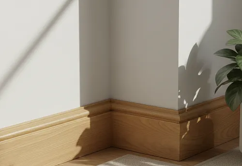 Wooden floor skirting board in a light interior