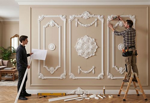 Decorative panel made of stucco decor on the wall from moldings and polyurethane elements during installation