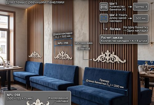 Horizontal decorative overlays NPU-098 500 &times; 155 &times; 15 mm above the banquettes in a restaurant next to slatted panels