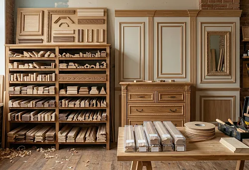 Wooden moldings for walls and furniture: workshop with profile samples and panel decor