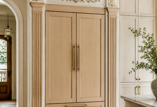 Portal for a built-in refrigerator with wooden trim and polyurethane molding