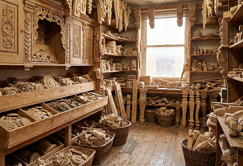 Workshop of carved decor: overlays, rosettes and wooden elements for furniture on shelves