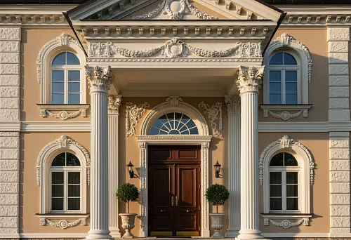 Stucco facade decor with columns and porch design, creating a cohesive entrance group for a classic house