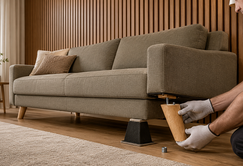 Sofa on wooden legs MN-228 in front of a wall with vertical slatted panels