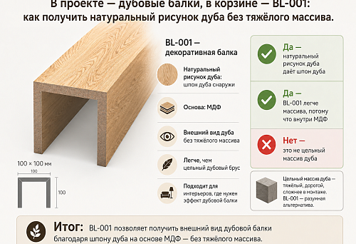 Decorative false beam BL-001 made of MDF with oak veneer and a natural wood grain pattern