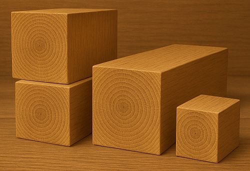 Oak beams of various cross-sections with clearly visible annual rings, demonstrating ideal processing quality