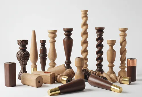 Furniture Supports Made of Oak, Beech, and Walnut &mdash; Carved, Tapered, Square, and Spiral Models with Brass and Copper Inlays