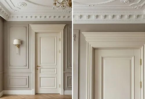 Polyurethane moldings and wooden architraves: how to connect the door, wall, and ceiling in neoclassical style