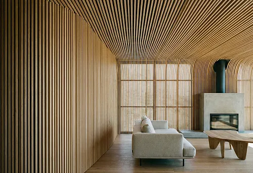 Interior with Wooden Battens on Walls and Ceiling