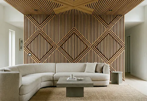 decorative layout of wooden slats with diagonal composition