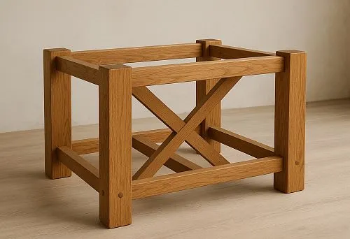 Rectangular wooden base with solid straight legs and cross-braced joints, modern minimalism