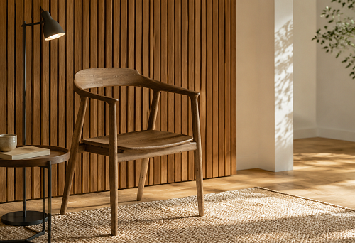 Hans 004-002 chair-armchair in a reading nook by a slatted wall in the living room